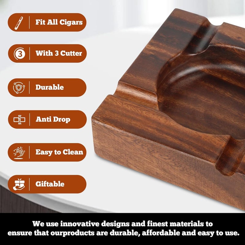 Besuper Premium Extra Large Wooden Cigar Ash Tray with 3 Cigar Cutter set, Cigarette Ashtray for Smokers Outside Patio Home Office Bar Use - Image 4